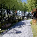 Rural Landscape With Bamboo Grove Stone Path Hanging Lanterns Wooden Fence And Bench
