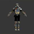 Mechanical Robot Armor With Colorful Components Helmet Arm Leg Parts Standing Pose Gray Background