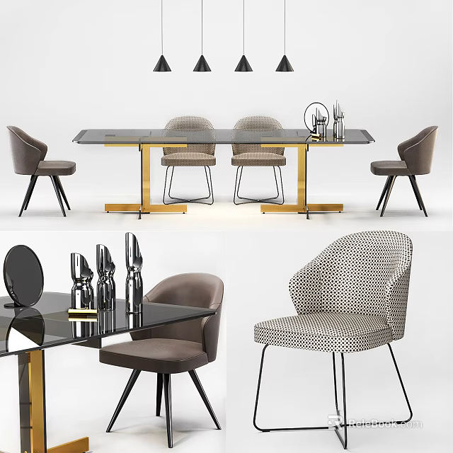 Modern Dining Table Set With Glass Top Golden Legs And Gray Fabric Chairs 3d model 