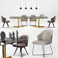 Modern Dining Table Set With Glass Top Golden Legs And Gray Fabric Chairs
