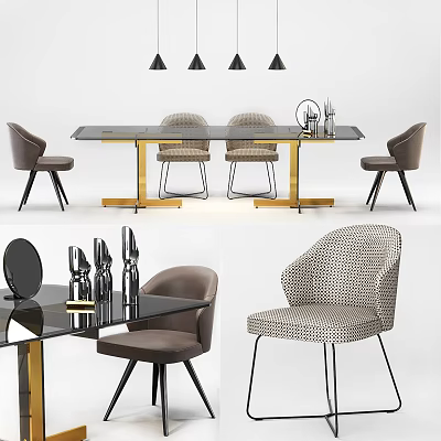 Modern Dining Table Set With Glass Top Golden Legs And Gray Fabric Chairs 3d model