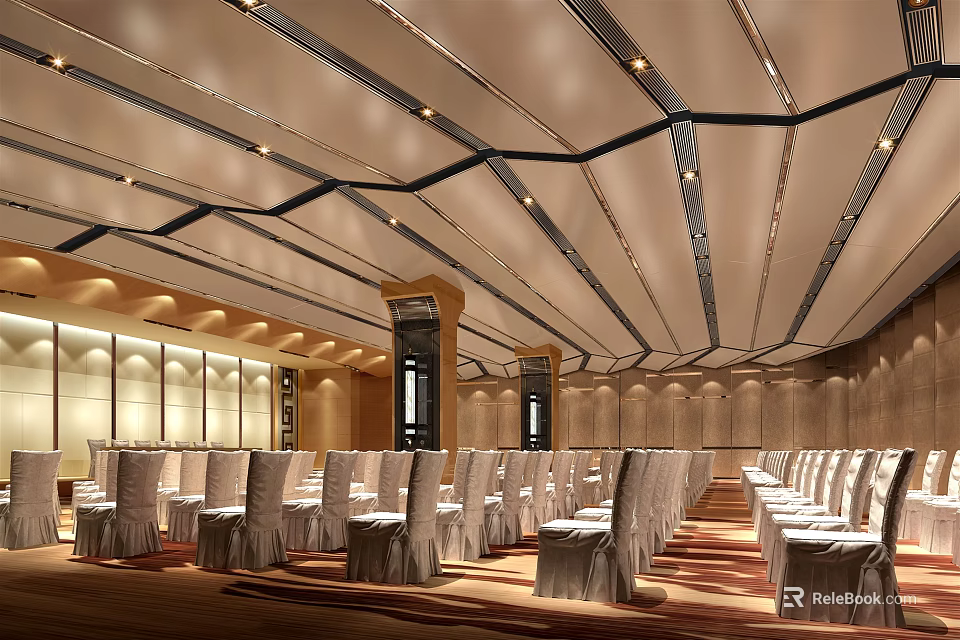 Modern Conference Room With Geometric Ceiling Design Lighting And Neatly Arranged White Chairs 3d model 