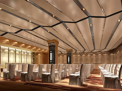 Modern Conference Room With Geometric Ceiling Design Lighting And Neatly Arranged White Chairs 3d model