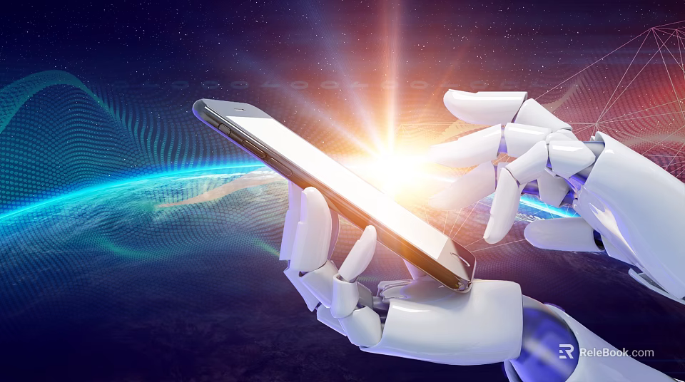 Cartoon Scene of Robotic Hand Holding Smartphone with Earth and Space Background 3d model 