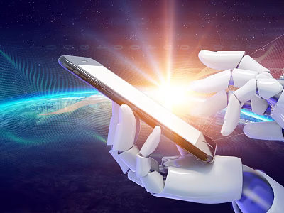 Cartoon Scene of Robotic Hand Holding Smartphone with Earth and Space Background 3d model