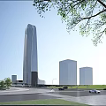 Modern Tall Office Building With Surrounding Structures Cars Greenery And Blue Sky