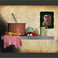 Vintage Decorative Ornament Combination With Red Bucket Green Mug Vegetables Checkered Cloth And Framed Portrait