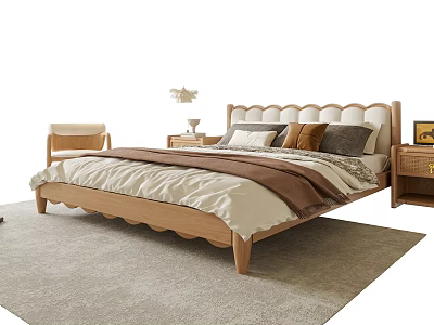 Double Bed with Wooden Headboard Cozy Bedding Side Nightstand Accent Chair and Soft Rug 3d model