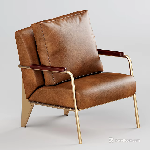 Modern Brown Leather Single Chair With Wooden Armrests And Golden Metal Frame 3d model 