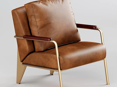 Modern Brown Leather Single Chair With Wooden Armrests And Golden Metal Frame 3d model