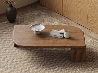 Minimalist Wooden Coffee Table with White Plate Books and Small Cup on Rug 3d model
