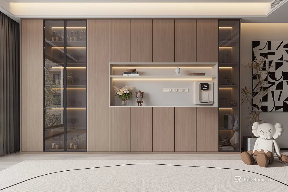 Modern Wooden Wine Cabinet With Glass Doors LED Lighting And Open Shelves 3d model 