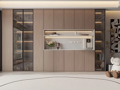 Modern Wooden Wine Cabinet With Glass Doors LED Lighting And Open Shelves 3d model