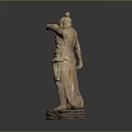 Man in wooden sculpture with standing pose one hand raised near head and carved base
