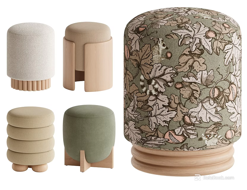 Various Beige Green Upholstered Shoe Stools With Wooden Base And Leaf Patterns 3d model 