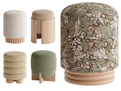 Various Beige Green Upholstered Shoe Stools With Wooden Base And Leaf Patterns 3d model