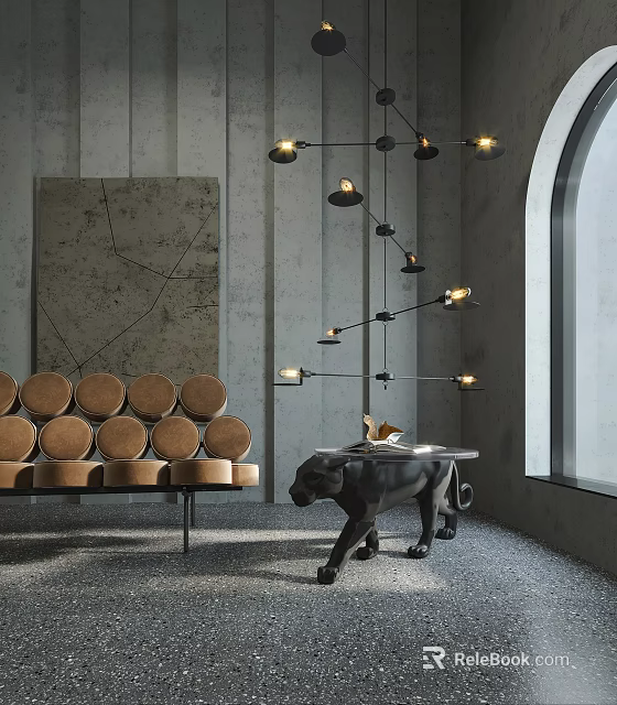 Modern Interior Space Featuring Black Metal Chandelier With Multiple Lights And Leather Seating 3d model 