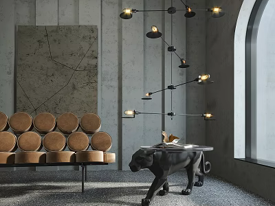 Modern Interior Space Featuring Black Metal Chandelier With Multiple Lights And Leather Seating 3d model