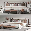 Elegant Modern Double Bed with Decorative Pillows Bedside Tables and Bench 3d model