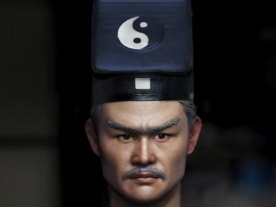 Traditional Human Head Sculpture Carving With Yin Yang Hat Detailed Facial Features Mustache Eyebrows 3d model