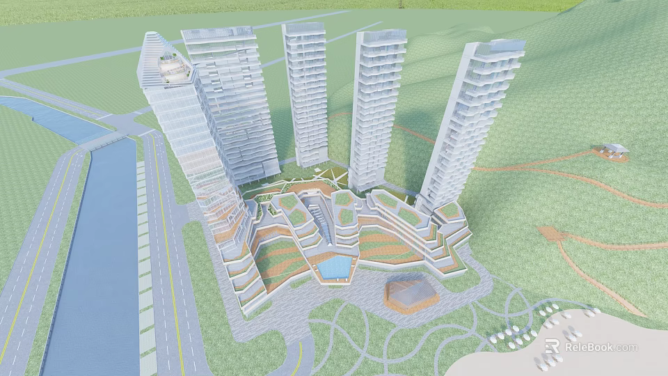 Modern Tall Residential Buildings With Green Spaces Water Features And Surrounding Roads 3d model 