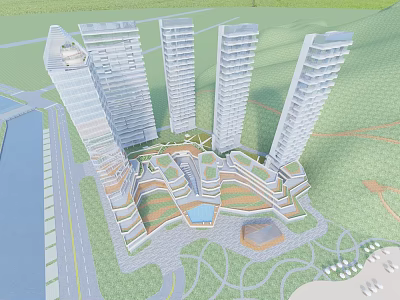 Modern Tall Residential Buildings With Green Spaces Water Features And Surrounding Roads 3d model