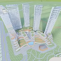 Modern Tall Residential Buildings With Green Spaces Water Features And Surrounding Roads