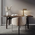 Wooden Desk With Beige Chair Gold Lamp Dried Flowers Open Book And Cups
