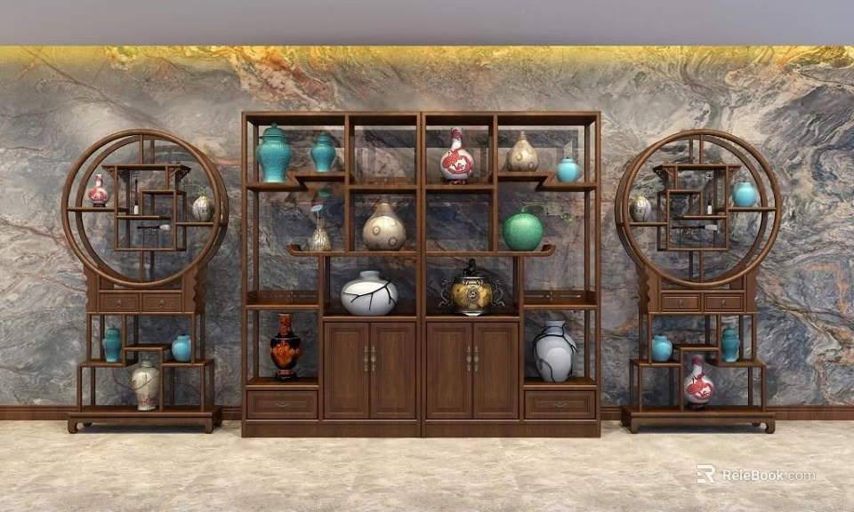 Traditional Wooden Chinese Display Cabinet With Colorful Vases And Porcelain Decorations 3d model 