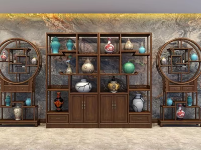 Traditional Wooden Chinese Display Cabinet With Colorful Vases And Porcelain Decorations 3d model