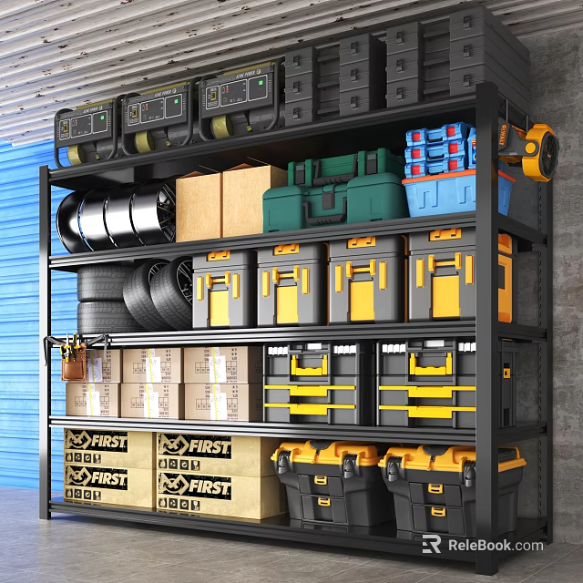 Heavy Duty Industrial Equipment Shelving with Colored Storage Boxes Tools and Tires 3d model 