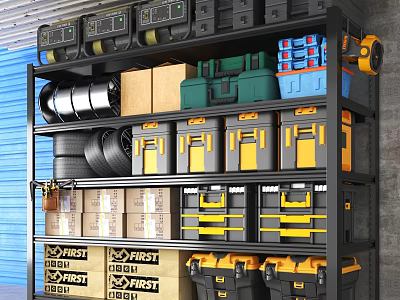 Heavy Duty Industrial Equipment Shelving with Colored Storage Boxes Tools and Tires 3d model