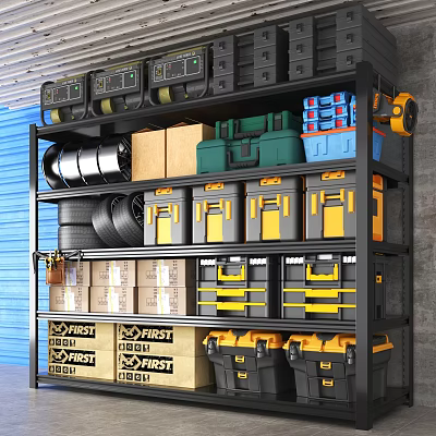 Heavy Duty Industrial Equipment Shelving with Colored Storage Boxes Tools and Tires 3d model