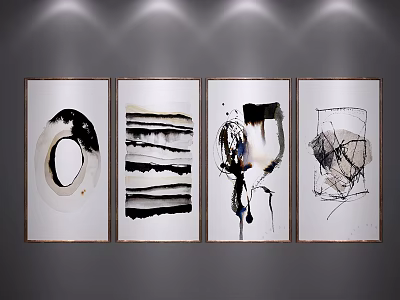 Modern Abstract Ink Paintings With Gold Frames On Gray Wall Under Lighting 3d model