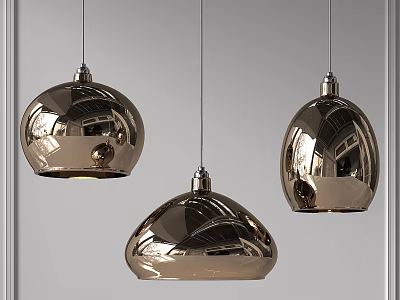 Three Metallic Pendant Lights with Shiny Dome Shapes Hanging in Modern Interior 3d model