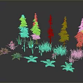 Various Plants With Tall Pine Trees Low Plants Red White Flowers Mushrooms And Green Leaves