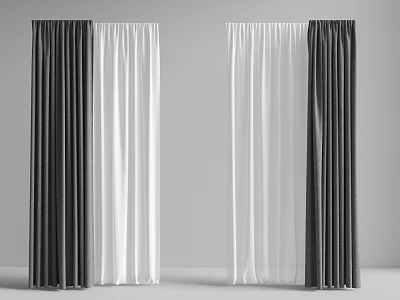 Black and White Curtains Hanging with Draped Design in Minimalist Room 3d model