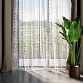 Sheer Curtains With Pattern And Dark Brown Curtains Beside Green Plant By Window
