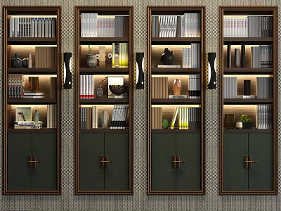 Stylish Four Bookcases with Organized Books Decorative Vases Potted Plants Cabinet Doors and Lighting Design 3d model