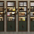 Stylish Four Bookcases with Organized Books Decorative Vases Potted Plants Cabinet Doors and Lighting Design