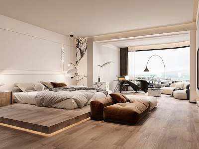 Modern Minimalist Bedroom with Wooden Platform Bed Gray Brown Bedding and Large Window City View 3d model