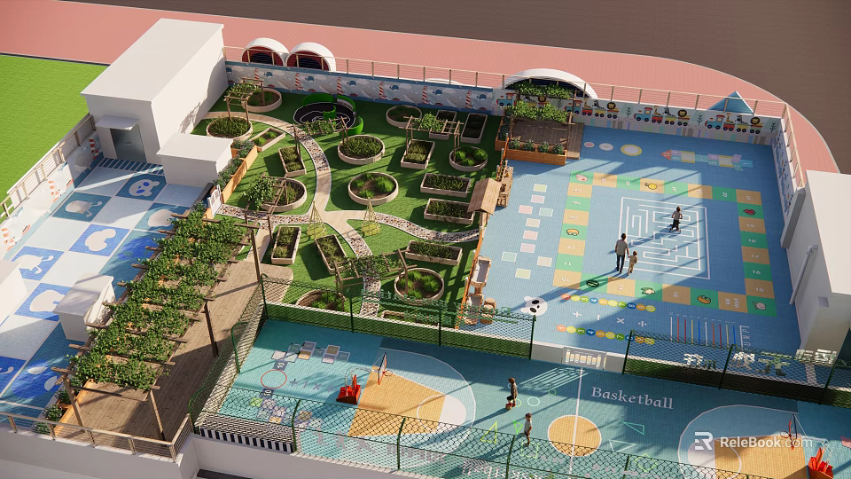 Rooftop Garden with Lush Green Plants Pathways and Basketball Court Area 3d model 