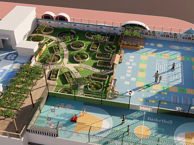 Rooftop Garden with Lush Green Plants Pathways and Basketball Court Area 3d model