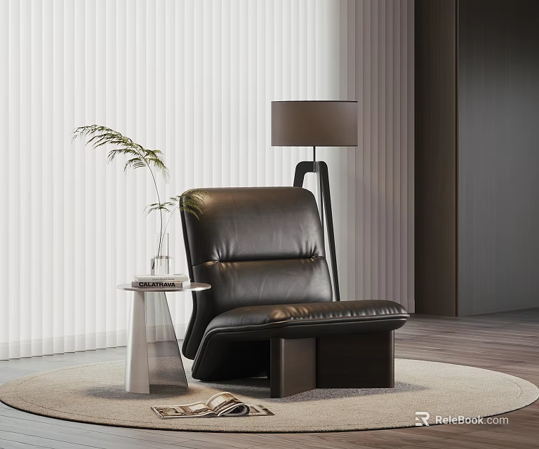 Modern Black Leather Leisure Chair With Side Table Green Plant And Magazine On Rug 3d model 