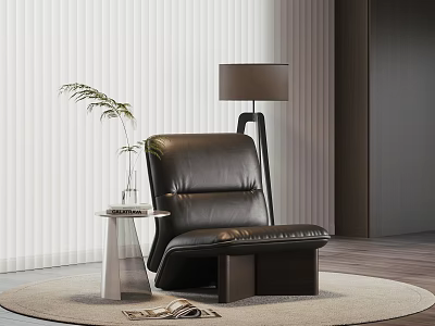 Modern Black Leather Leisure Chair With Side Table Green Plant And Magazine On Rug 3d model