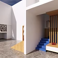 Modern Interior Stairs With Intricate Railings Wooden Structure And Blue Steps