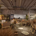 Modern Industrial Restaurant Interior With Green Plants Stone Stepping Stones And Bar Counter