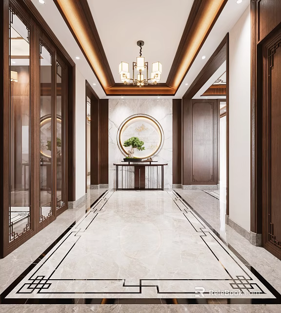 Elegant Foyer Hallway Design Featuring Marble Floor Round Mirror Console Table and Pendant Light 3d model 