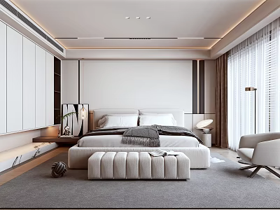 Modern Bedroom Interior Design With Large Bed White Wardrobes And Armchair 3d model