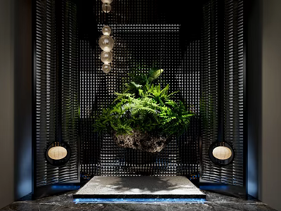 Hanging Green Plant Arrangement with Black Grid Background and Side Lights on Platform Base 3d model